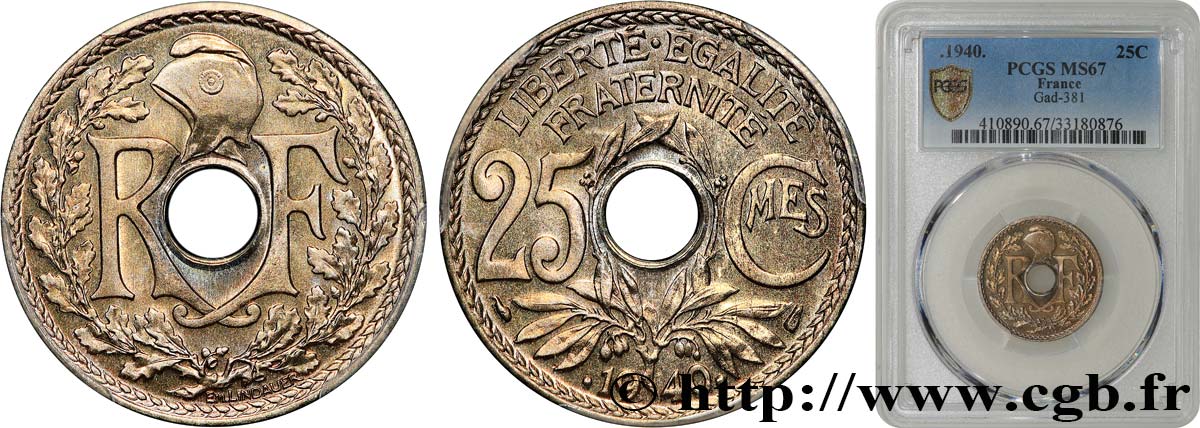 25 centimes Lindauer, maillechort 1940  F.172/4 ST67 PCGS