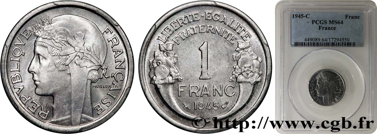 1 franc Morlon, légère 1945 Castelsarrasin F.221/8 SPL64 PCGS