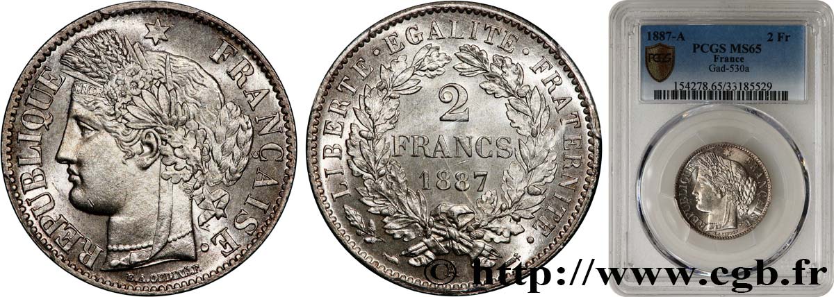 2 francs Cérès, avec légende 1887 Paris F.265/13 MS65 PCGS