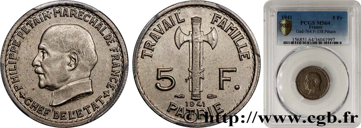 5 francs Pétain  1941  F.338/2 fST64 PCGS