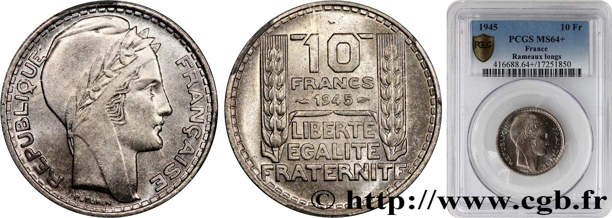 10 francs Turin, grosse tête, rameaux longs 1945  F.361/2 MS64 PCGS