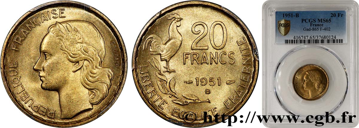20 francs G. Guiraud 1951 Beaumont-Le-Roger F.402/8 ST65 PCGS