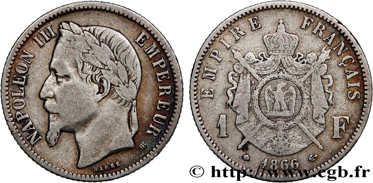 1 franc Napoléon III, tête laurée 1866 Strasbourg F.215/4 TB 