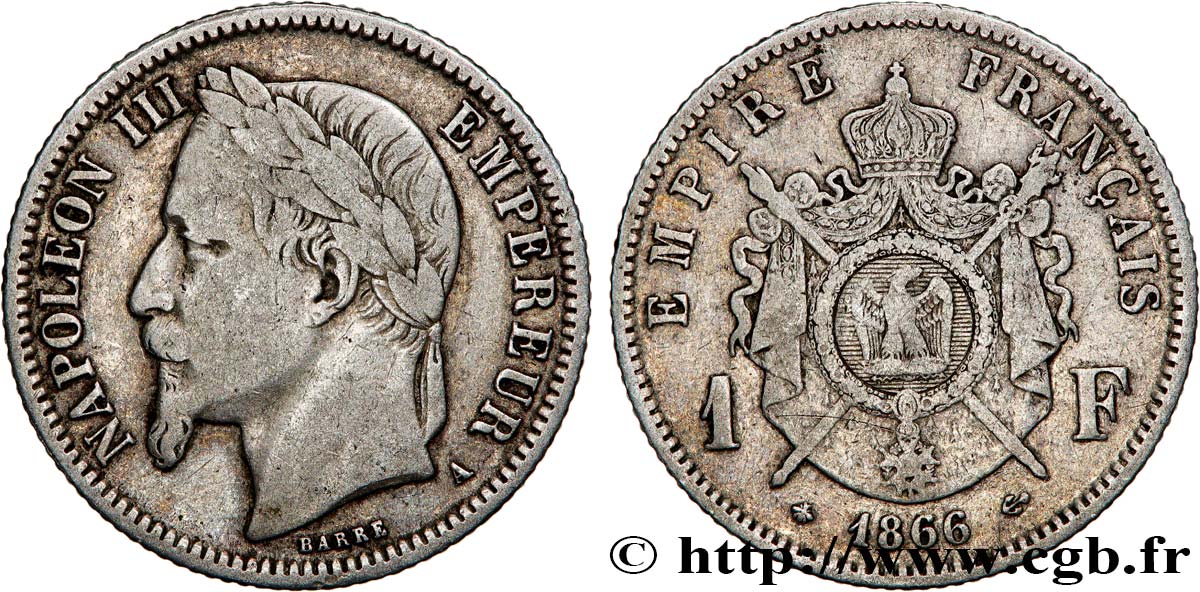 1 franc Napoléon III, tête laurée 1866 Paris F.215/3 VF 