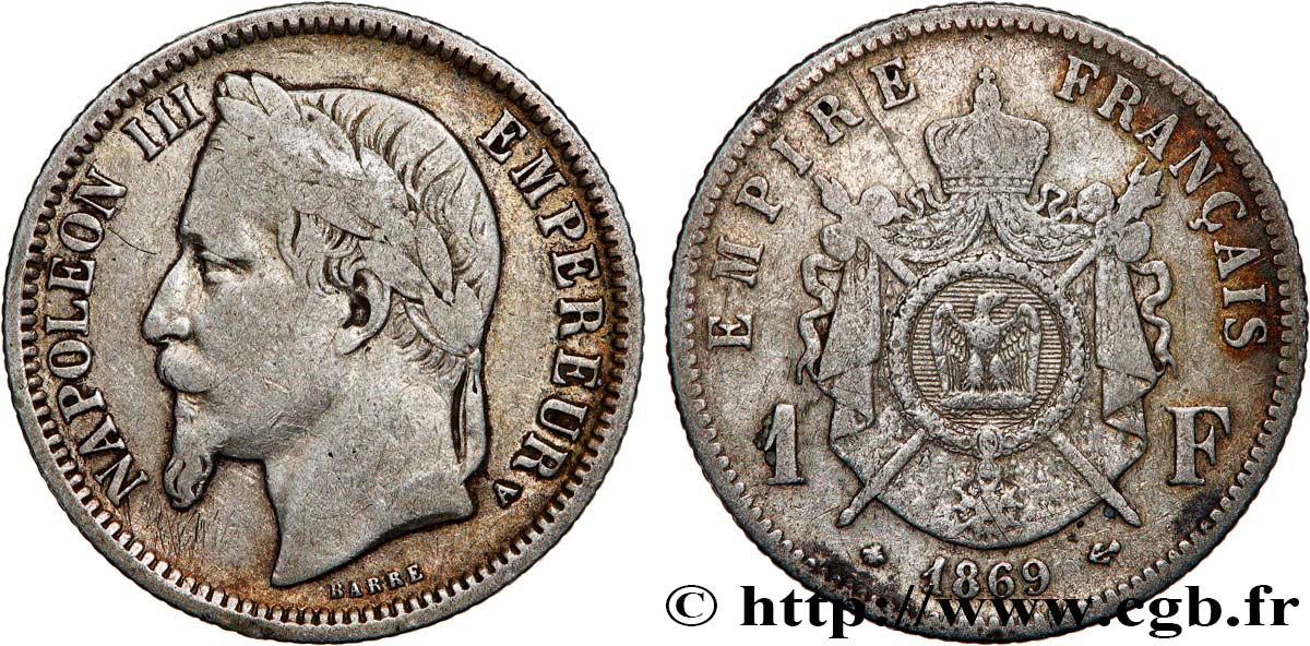 1 franc Napoléon III, tête laurée 1869 Paris F.215/14 TB 