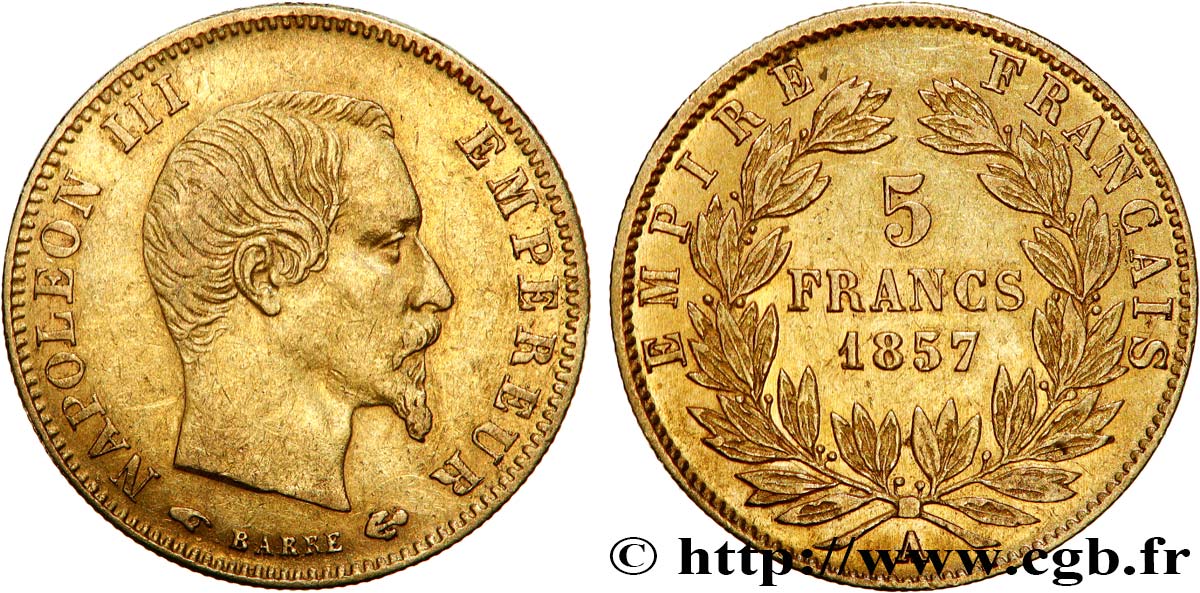 5 francs or Napoléon III, tête nue, grand module 1857 Paris F.501/4 AU50 