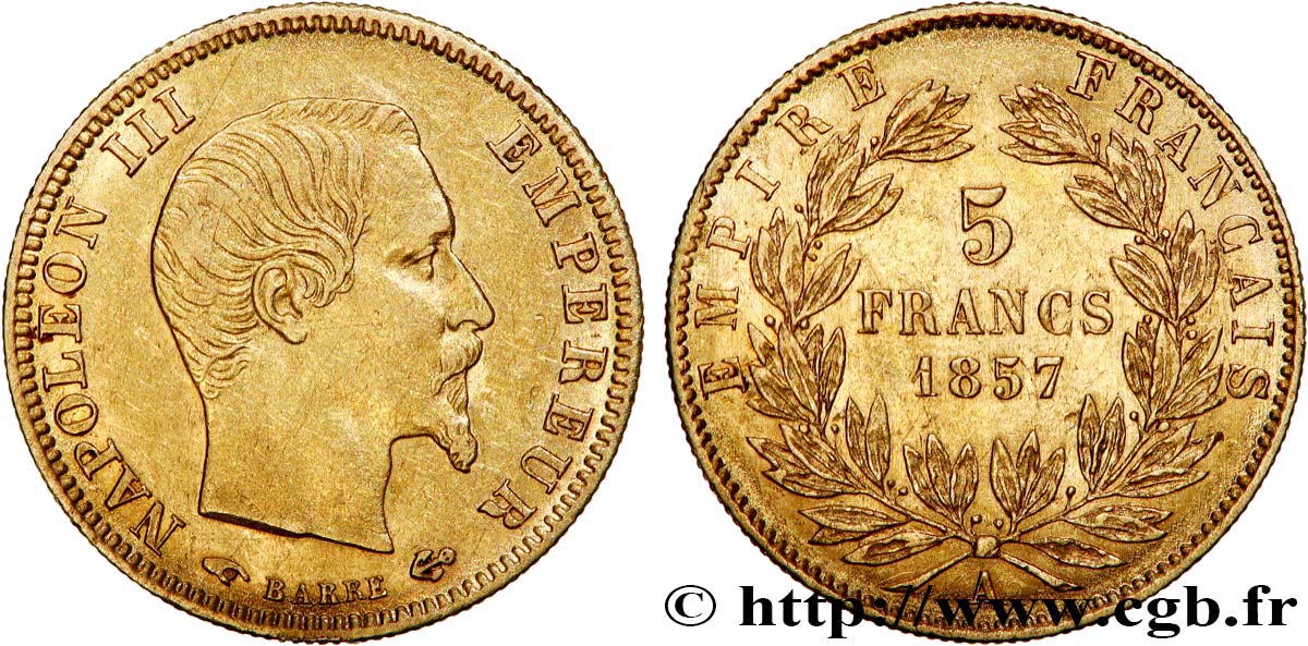 5 francs or Napoléon III, tête nue, grand module 1857 Paris F.501/4 TTB53 