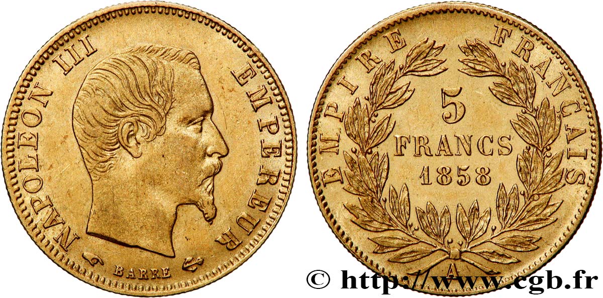 5 francs or Napoléon III, tête nue, grand module 1858 Paris F.501/5 AU53 