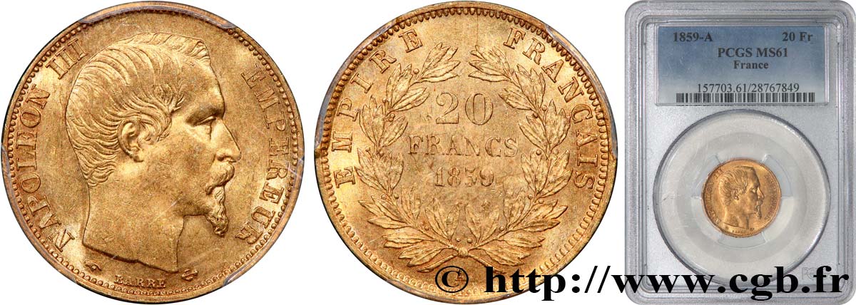 20 francs or Napoléon III, tête nue 1859 Paris F.531/15 MS61 PCGS