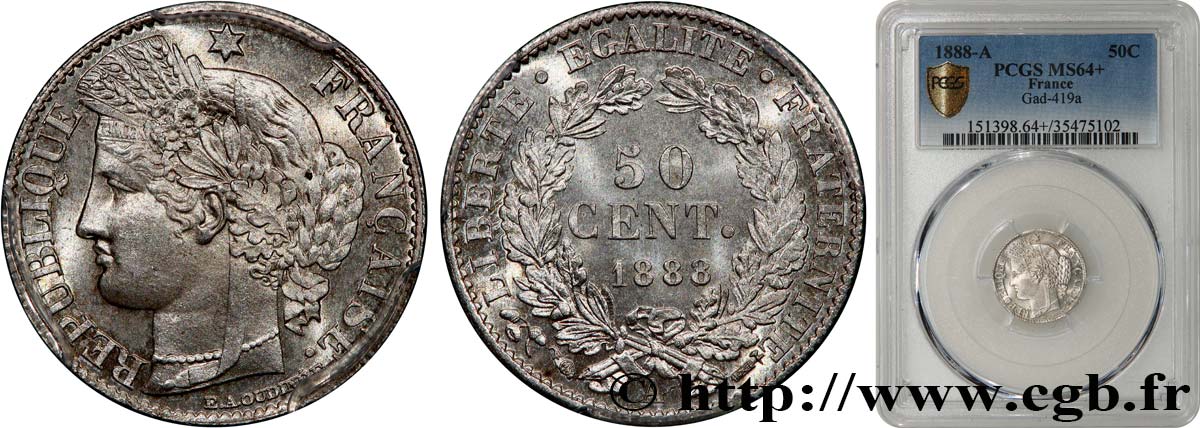 50 centimes Cérès, Troisième République 1888 Paris F.189/13 MS64 PCGS