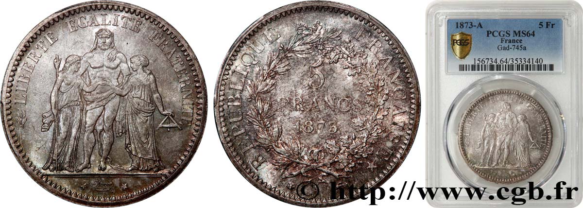 5 francs Hercule 1873 Paris F.334/9 SC64 PCGS