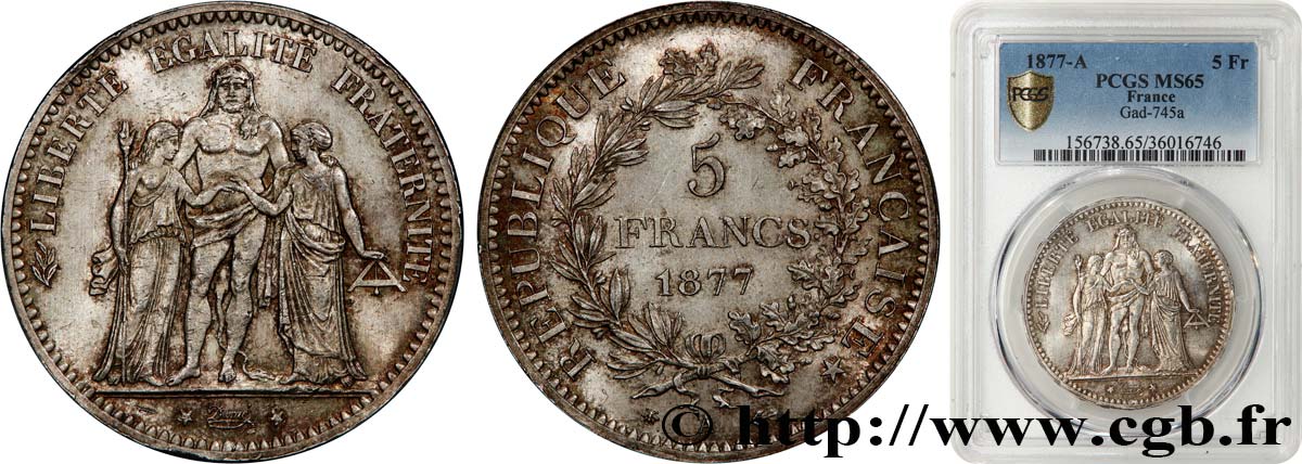 5 francs Hercule 1877 Paris F.334/19 FDC65 PCGS
