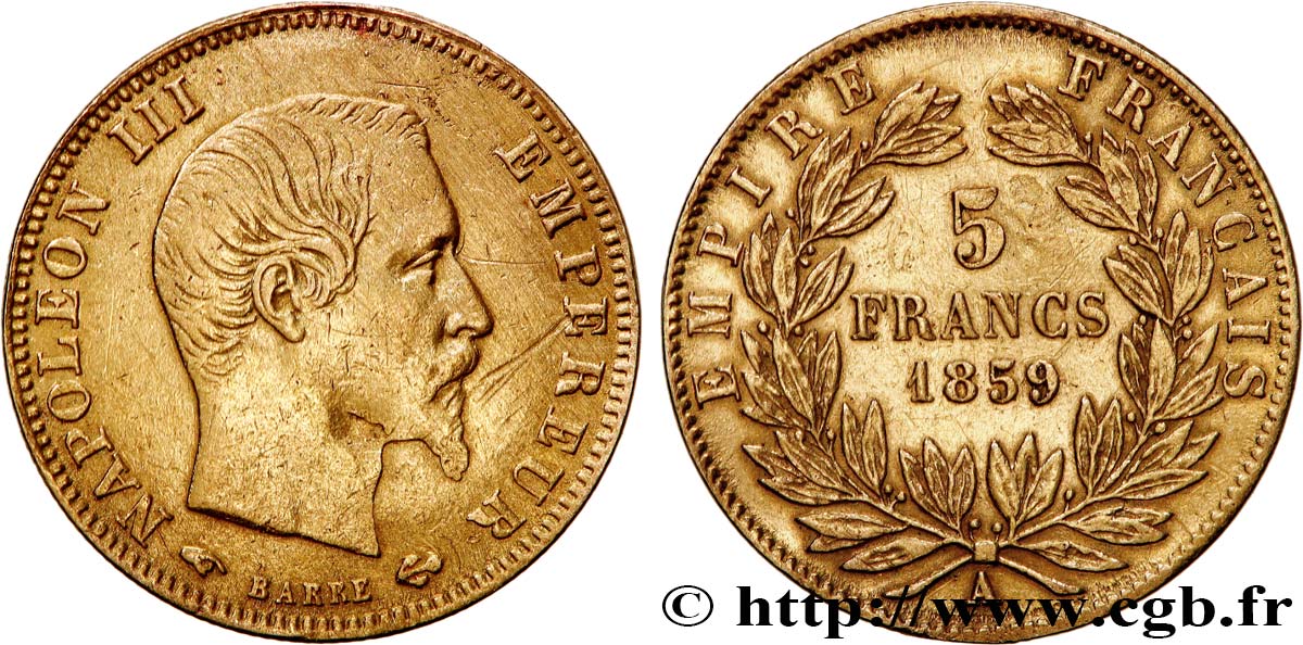 5 francs or Napoléon III, tête nue, grand module 1859 Paris F.501/7 BC+ 