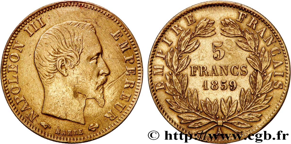 5 francs or Napoléon III, tête nue, grand module 1859 Paris F.501/7 TB+ 