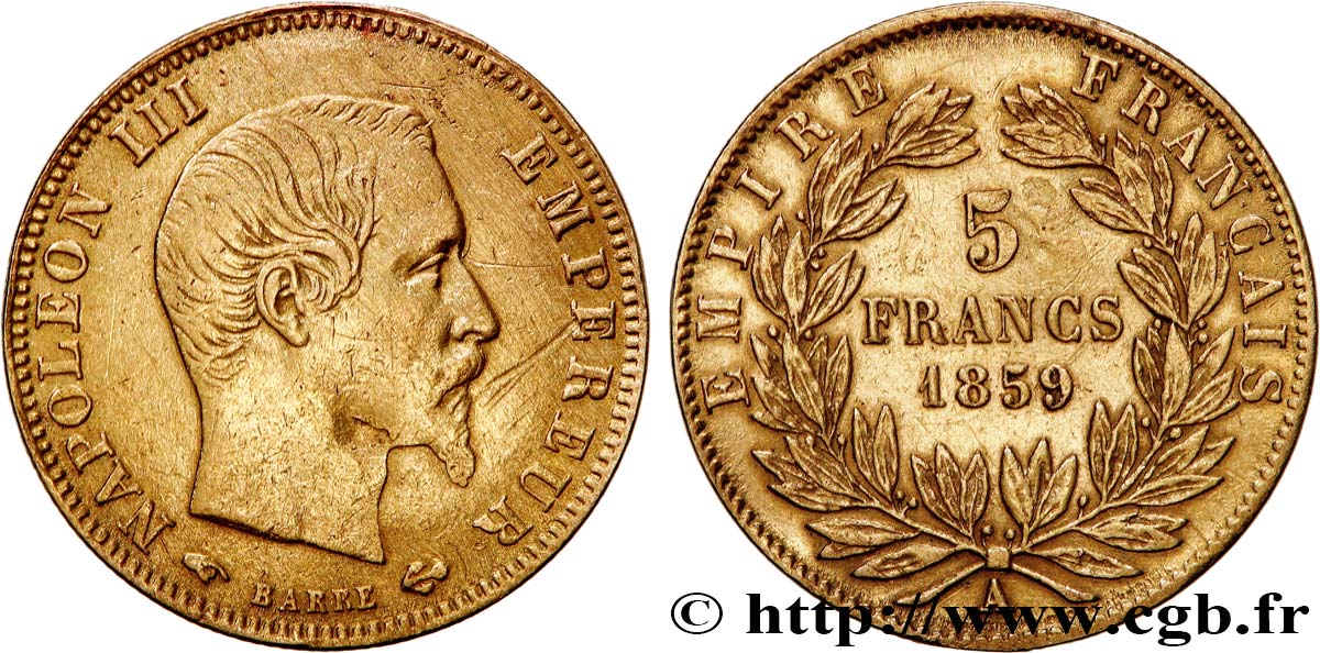 5 francs or Napoléon III, tête nue, grand module 1859 Paris F.501/7 fSS 