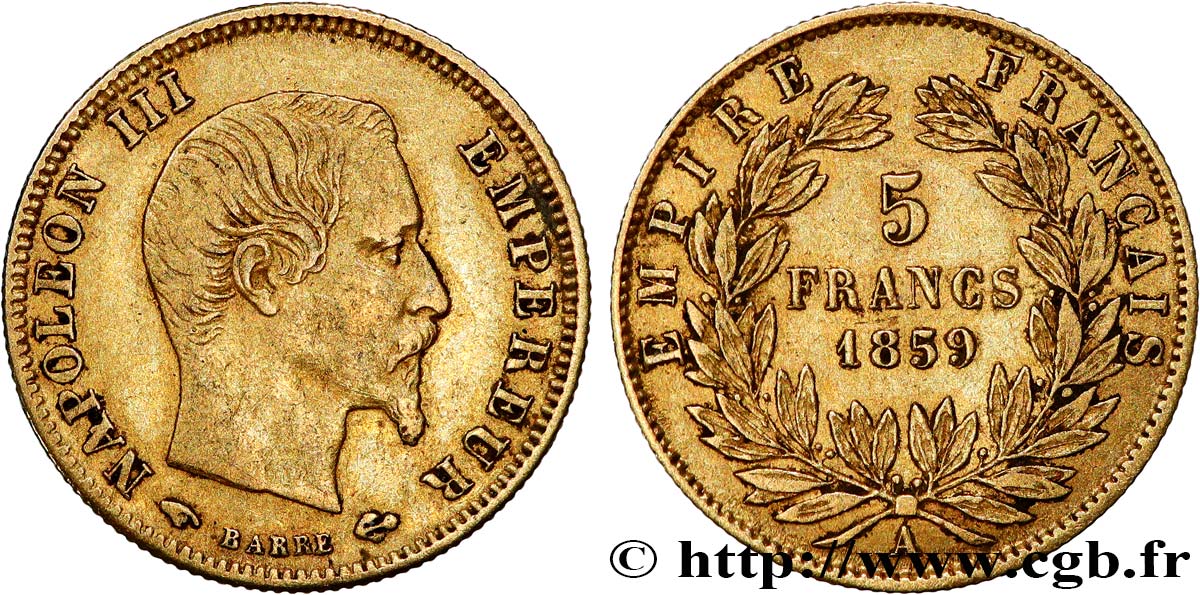 5 francs or Napoléon III, tête nue, grand module 1859 Paris F.501/7 S35 