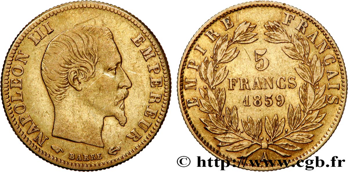 5 francs or Napoléon III, tête nue, grand module 1859 Paris F.501/7 TB+ 