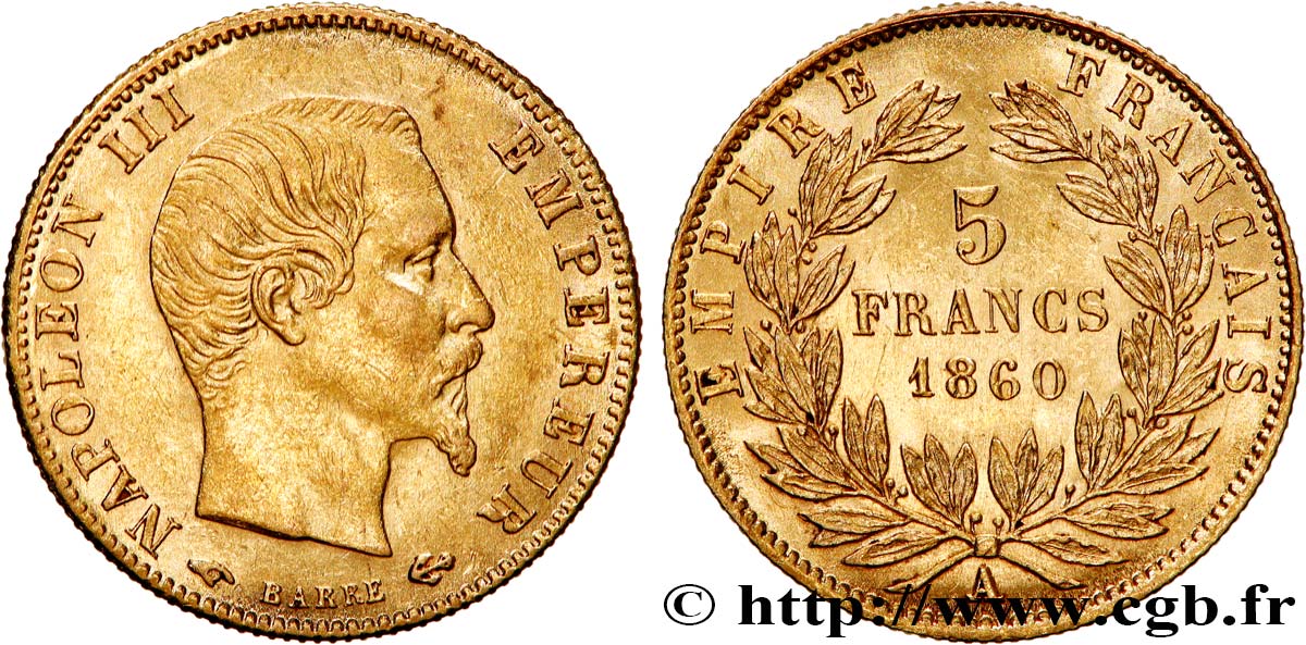 5 francs or Napoléon III, tête nue, grand module 1860 Paris F.501/10 AU 