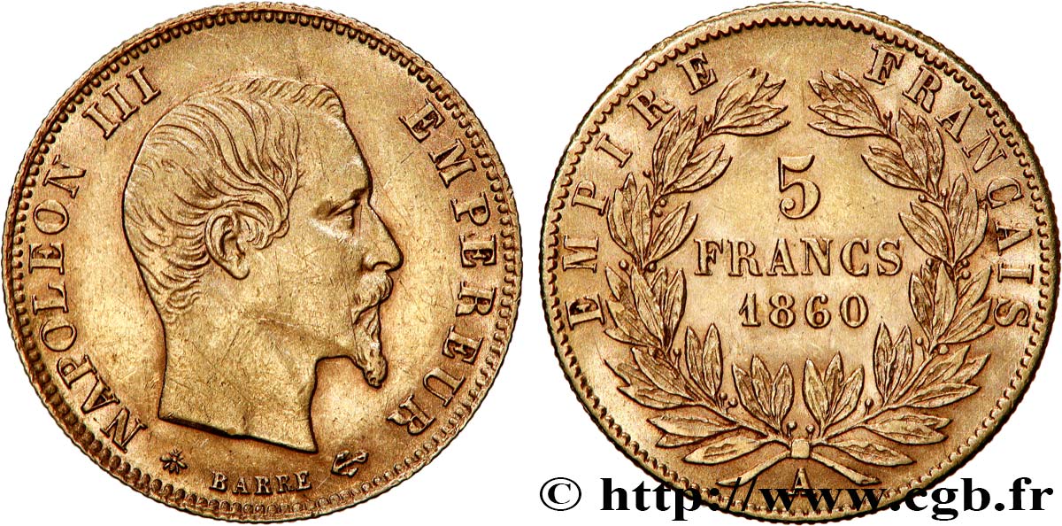 5 francs or Napoléon III, tête nue, grand module 1860 Paris F.501/11 XF 