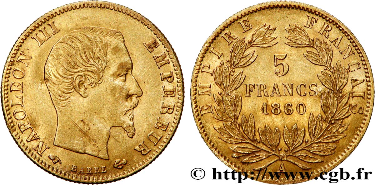 5 francs or Napoléon III, tête nue, grand module 1860 Paris F.501/10 XF 