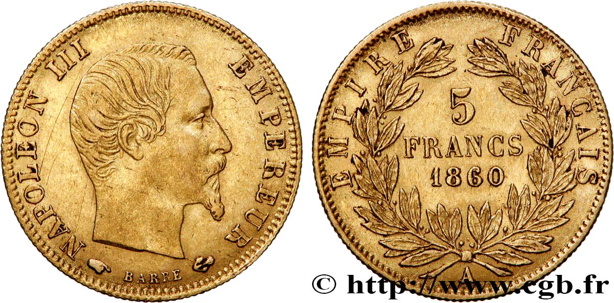 5 francs or Napoléon III, tête nue, grand module 1860 Paris F.501/10 SS 