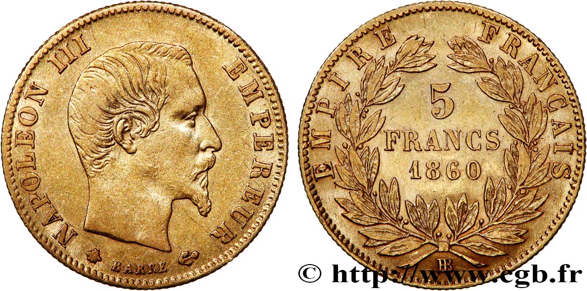 5 francs or Napoléon III tête nue, grand module 1860 Strasbourg F.501/13 AU50 