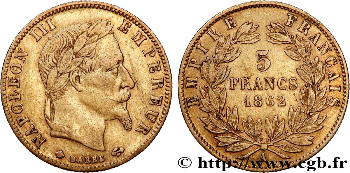 5 francs or Napoléon III, tête laurée 1862 Paris F.502/1 TB+ 
