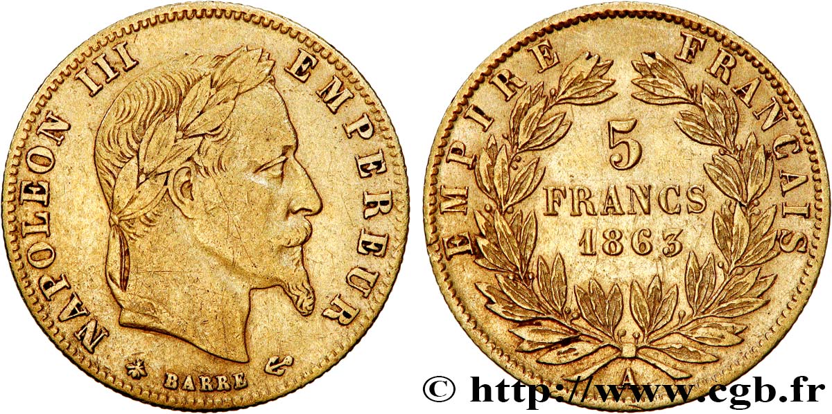 5 francs or Napoléon III, tête laurée 1863 Paris F.502/3 VF30 