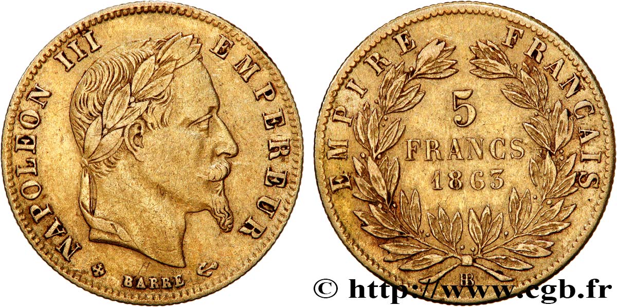 5 francs or Napoléon III, tête laurée 1863 Strasbourg F.502/4 XF 