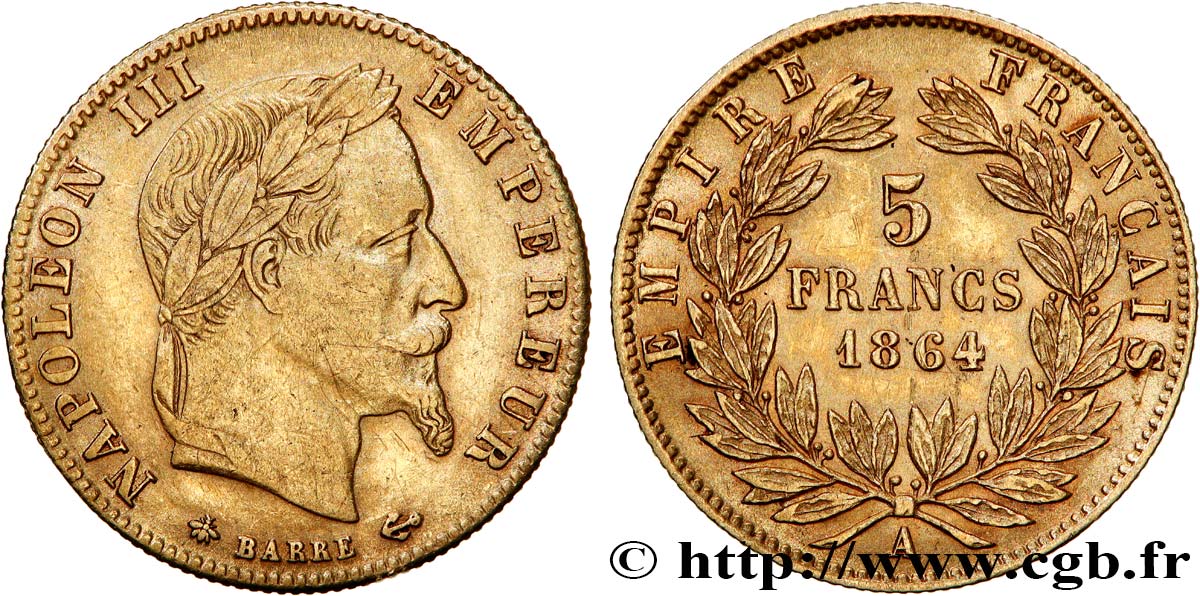 5 francs or Napoléon III, tête laurée 1864 Paris F.502/5 XF45 