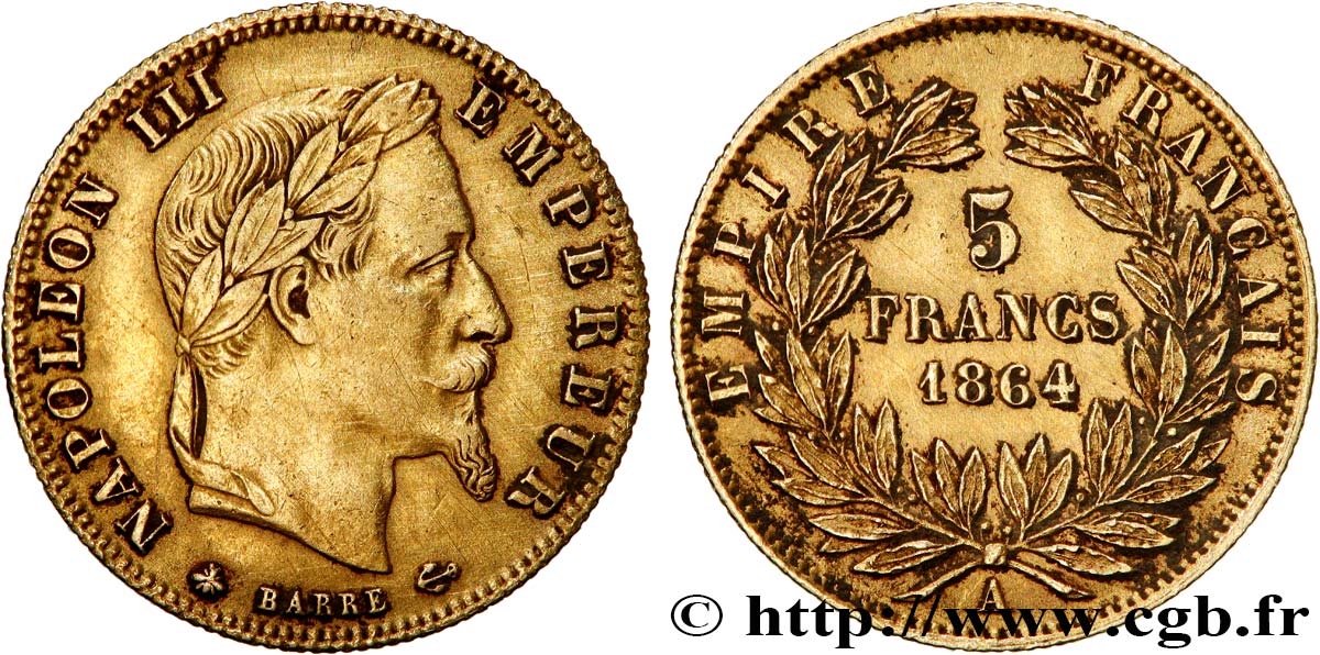 5 francs or Napoléon III, tête laurée 1864 Paris F.502/5 SS 