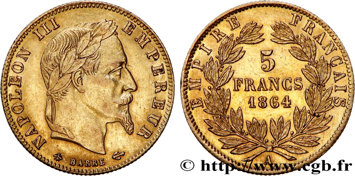 5 francs or Napoléon III, tête laurée 1864 Paris F.502/5 MBC+ 