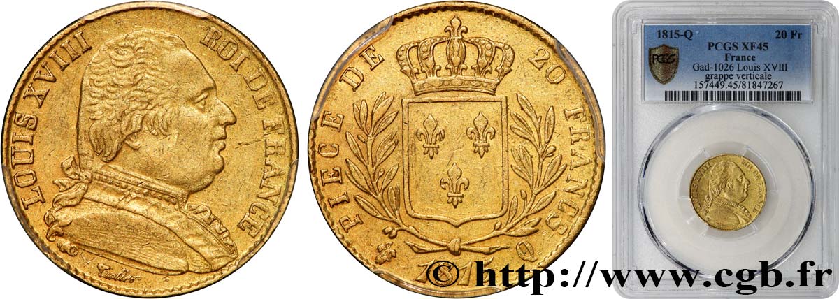20 francs or Louis XVIII, buste habillé 1815 Perpignan F.517/16 XF45 PCGS