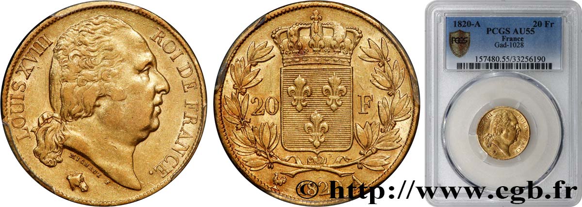 20 francs or Louis XVIII, tête nue 1820 Paris F.519/19 AU55 PCGS