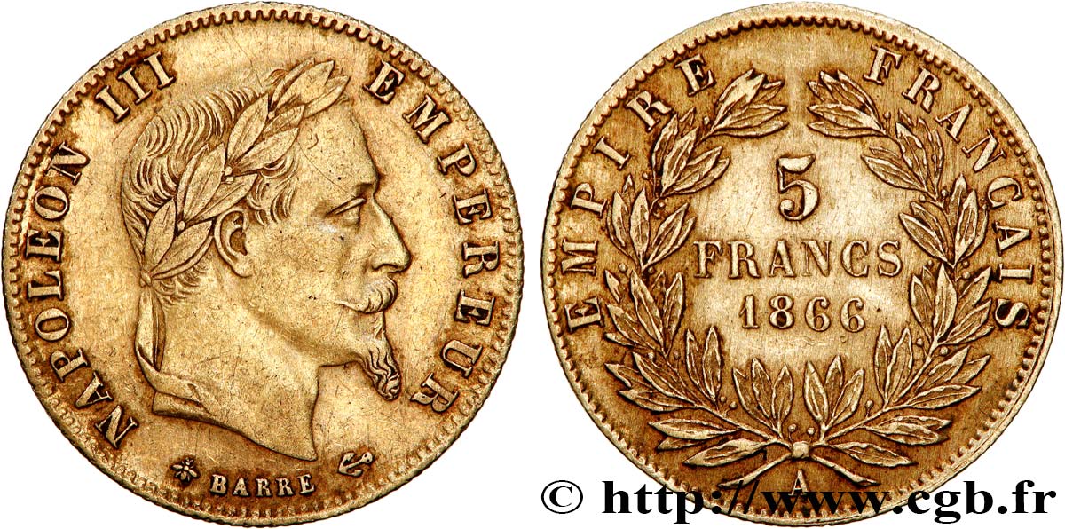 5 francs or Napoléon III, tête laurée 1866 Paris F.502/9 MBC 