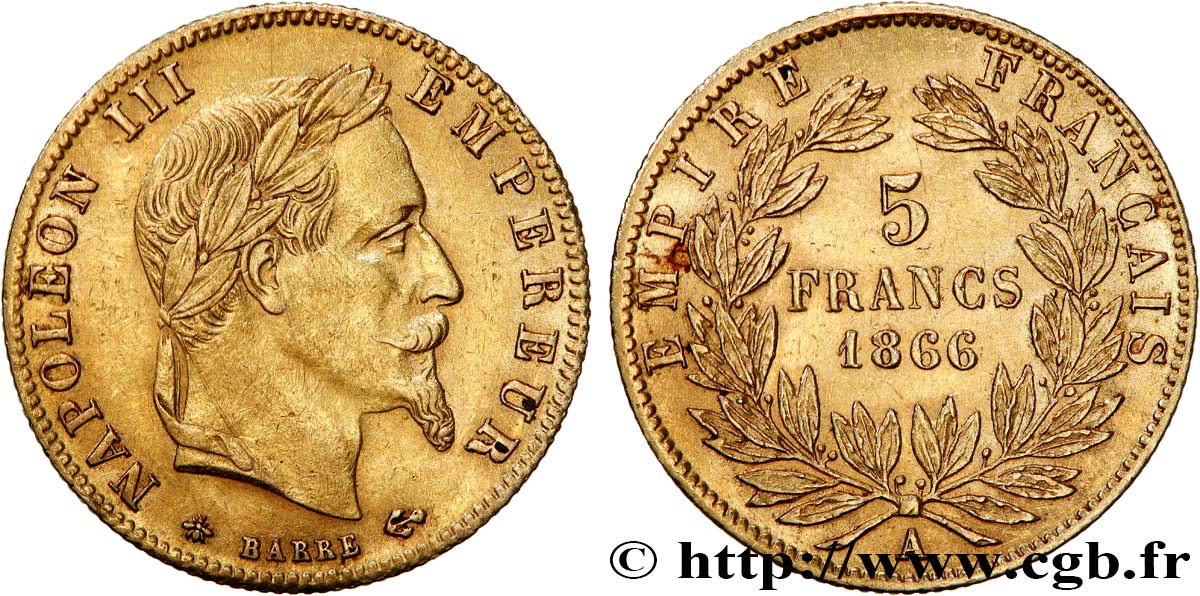 5 francs or Napoléon III, tête laurée 1866 Paris F.502/9 q.SPL 