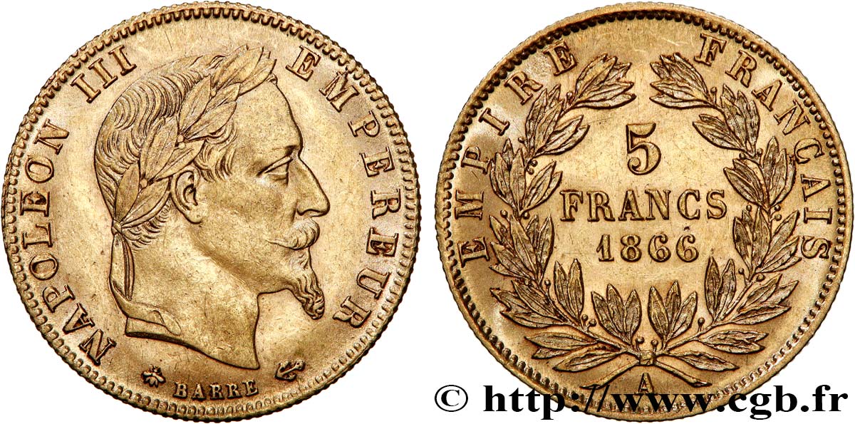 5 francs or Napoléon III, tête laurée 1866 Paris F.502/9 AU 