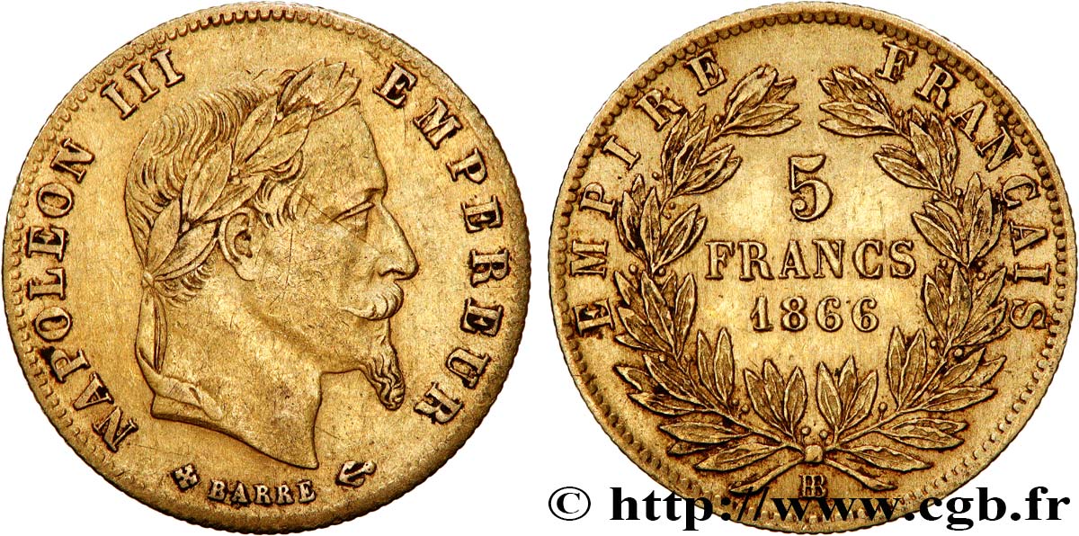 5 francs or Napoléon III, tête laurée 1866 Strasbourg F.502/10 MBC 