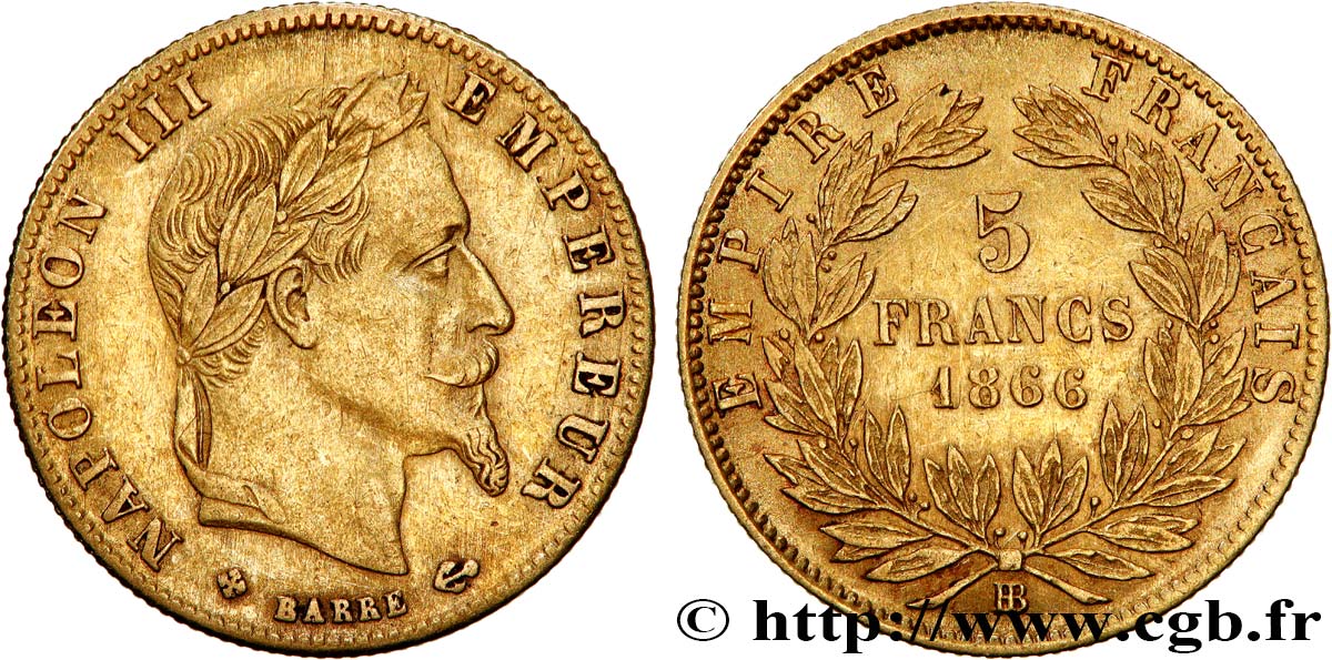 5 francs or Napoléon III, tête laurée 1866 Strasbourg F.502/10 AU50 