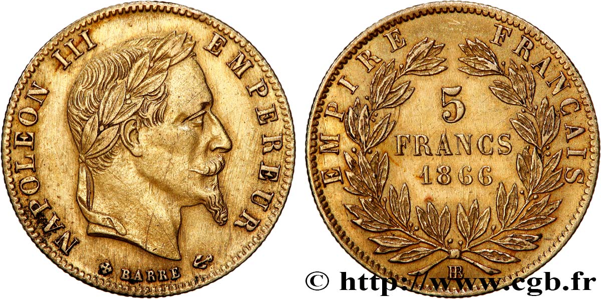 5 francs or Napoléon III, tête laurée 1866 Strasbourg F.502/10 AU 