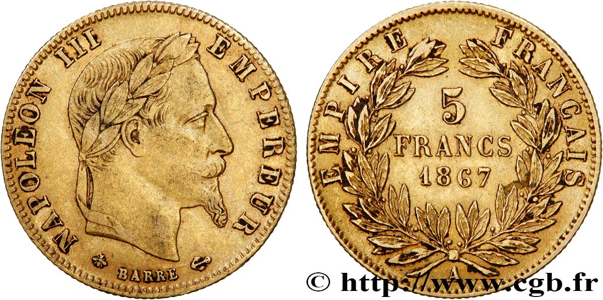 5 francs or Napoléon III, tête laurée 1867 Paris F.502/11 TTB45 