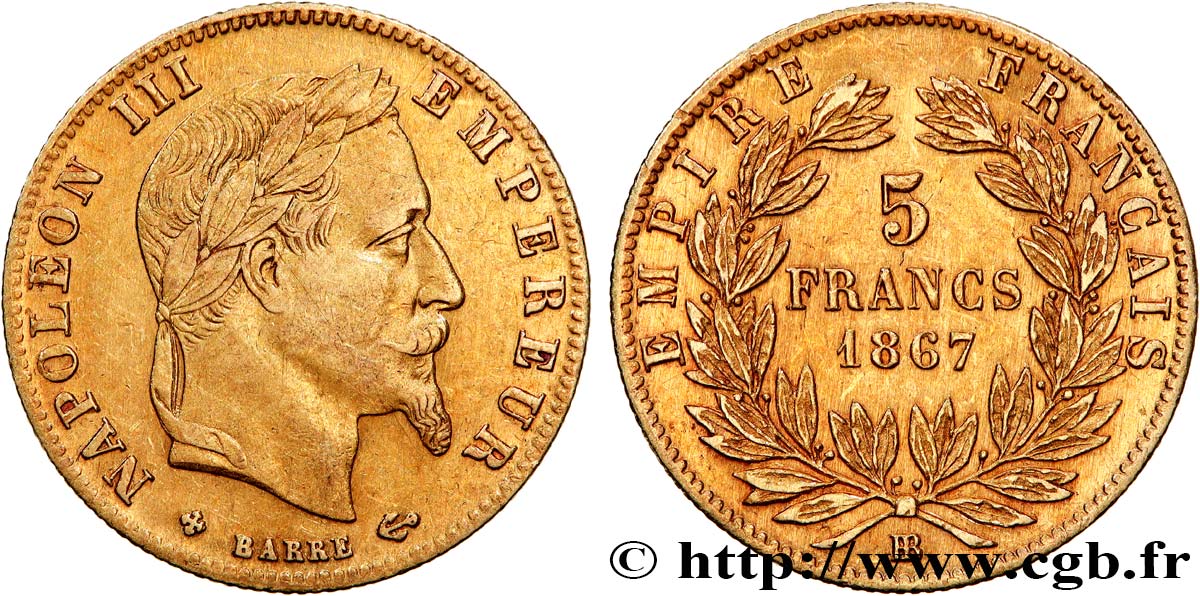 5 francs or Napoléon III, tête laurée 1867 Strasbourg F.502/12 SUP55 