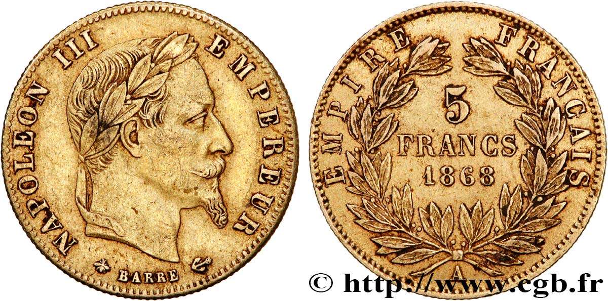 5 francs or Napoléon III, tête laurée 1868 Paris F.502/13 XF45 