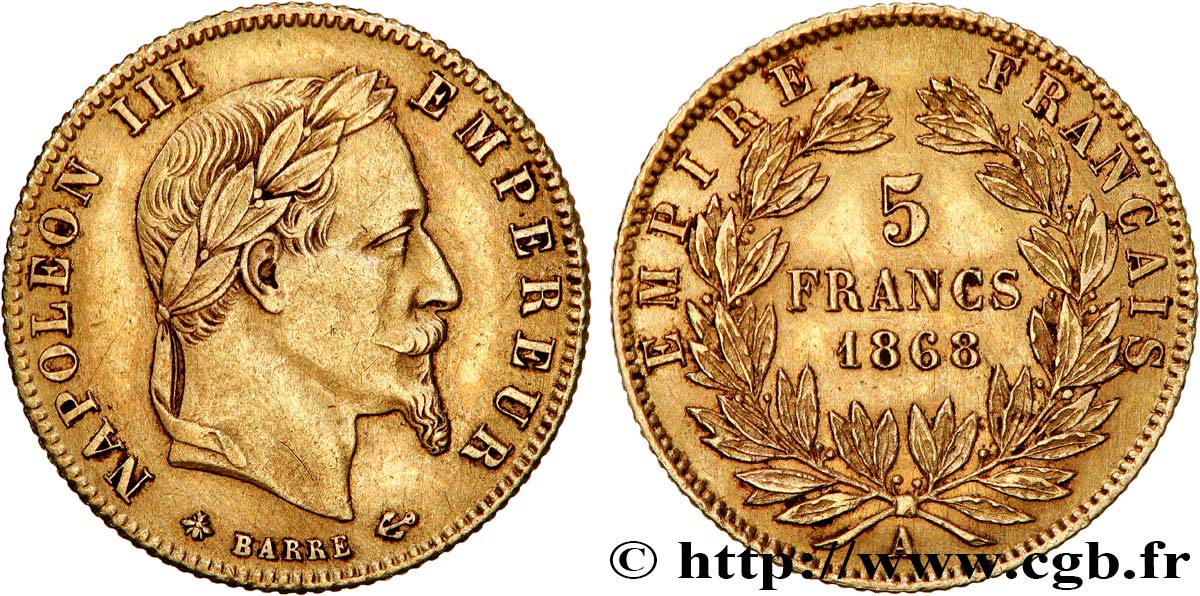 5 francs or Napoléon III, tête laurée 1868 Paris F.502/13 MBC 