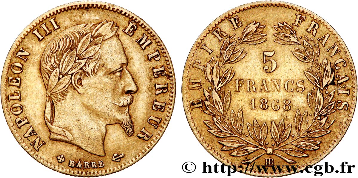 5 francs or Napoléon III, tête laurée 1868 Strasbourg F.502/14 XF40 