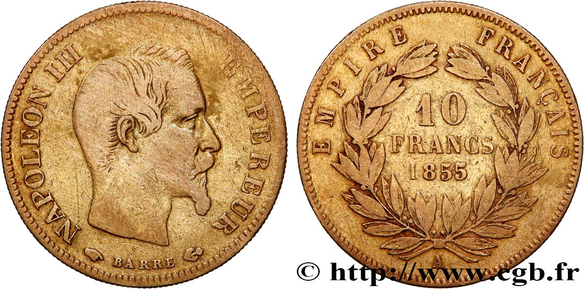 10 francs Napoléon III tête nue, grand module 1855 Paris F.506/1 VF 