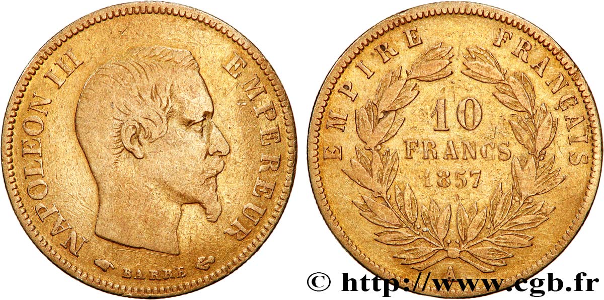 10 francs or Napoléon III, tête nue 1857 Paris F.506/4 TB 