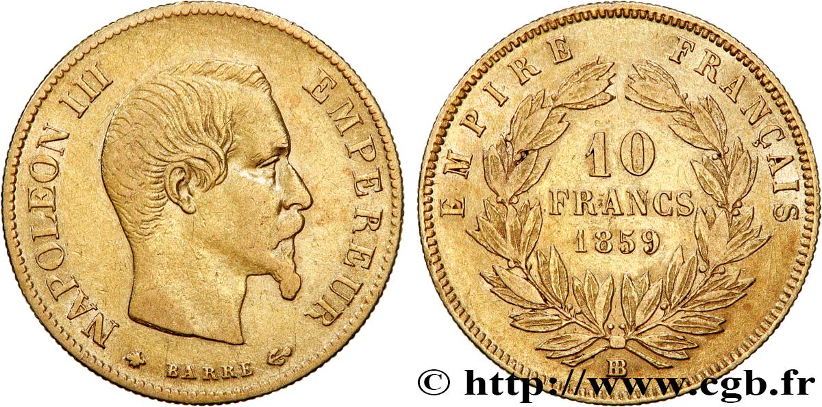 10 francs Napoléon III tête nue, grand module 1859 Strasbourg F.506/8 TB35 