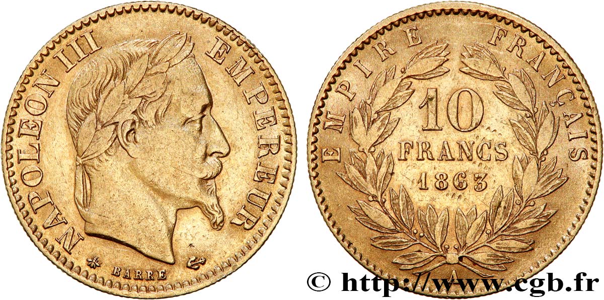 10 francs or Napoléon III, tête laurée 1863 Paris F.507A/3 BC30 