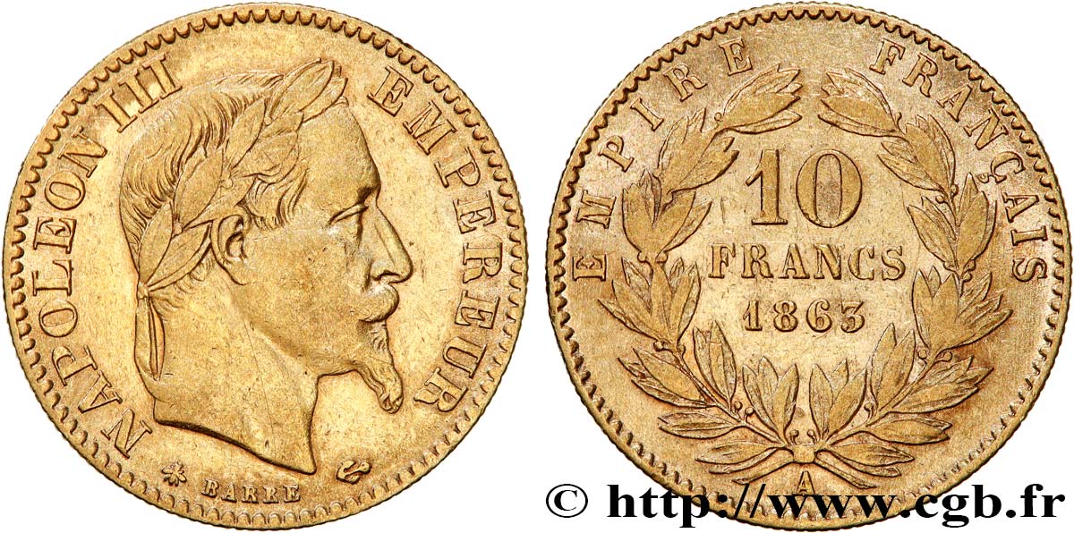 10 francs or Napoléon III, tête laurée 1863 Paris F.507A/3 TB35 